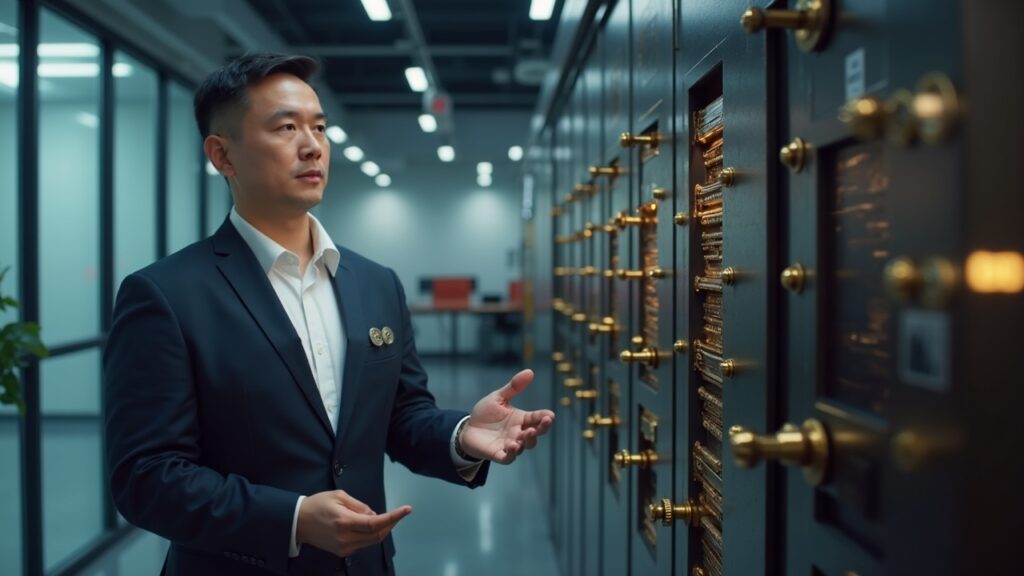 Nomura launches Laser Digital Bitcoin yield fund tailored for institutional and accredited investors Professional investor at center as Bitcoin tokens morph into KAIO on-chain shares under Komainu custody in a modern newsroom.