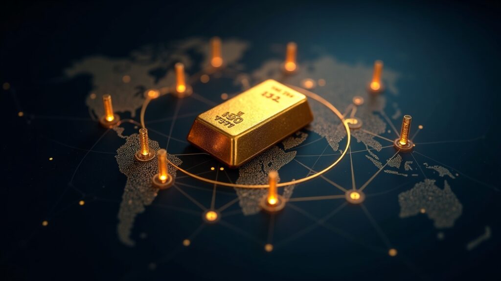 Photorealistic tokenized gold bar with orbiting digital tokens and a blockchain globe backdrop, signaling on-chain liquidity and RWA disruption.