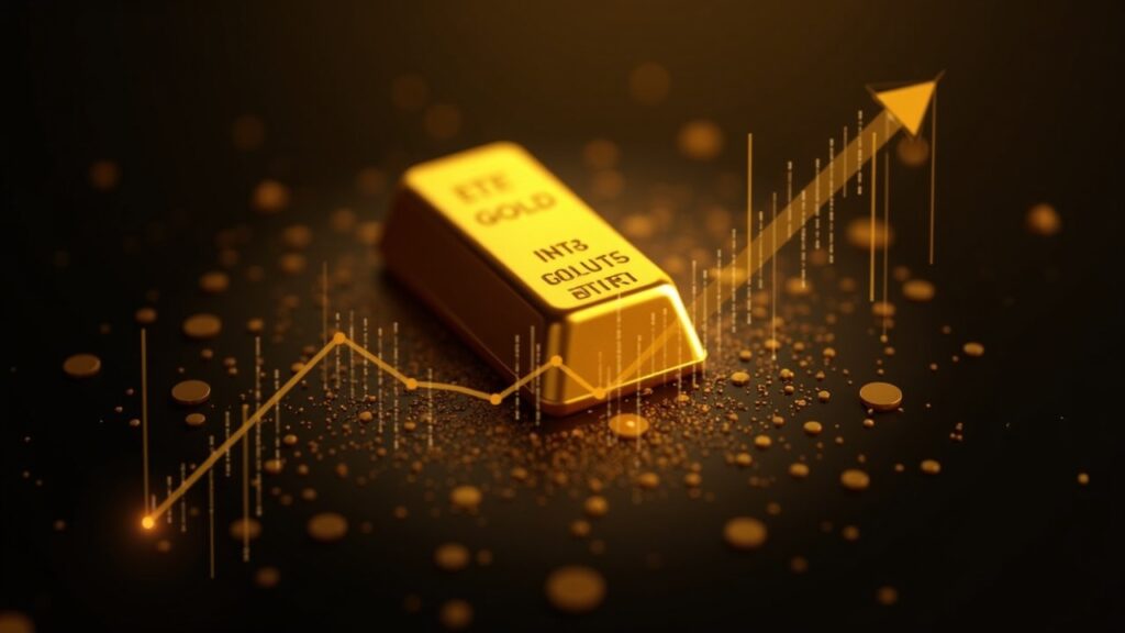 Gold bar with a blockchain lattice and rising chart, illustrating tokenized gold outperforming ETFs and on-chain liquidity.