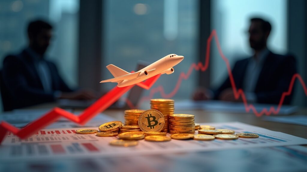 Photorealistic newsroom: paper plane dissolving into Toncoin coins beside a red price drop chart and dark regulatory silhouettes.
