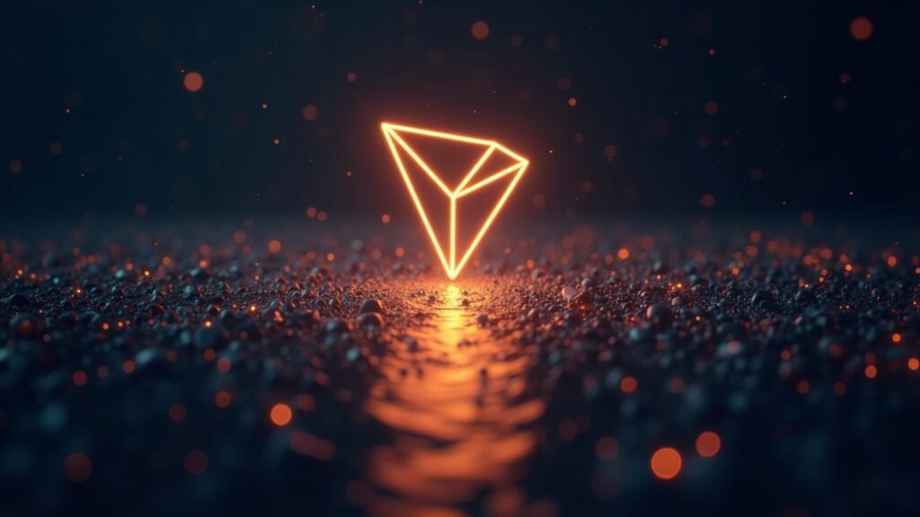 Tron founder Justin Sun invests $8M in River’s stablecoin abstraction technology Photorealistic center shot of a glowing TRON emblem merging with a river of digital tokens, symbolizing cross-chain stablecoins.