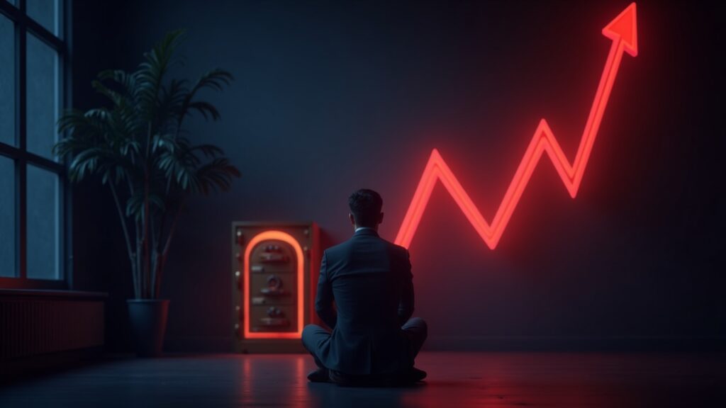 Photoreal crypto newsroom: investor, red price drop, and glowing vault signaling Trove launch backlash.