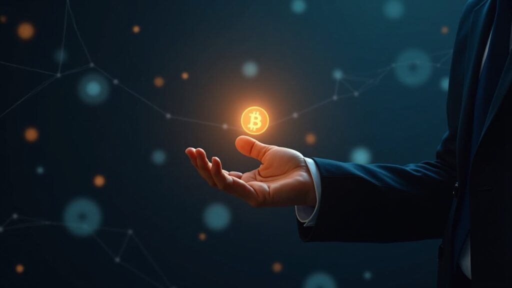Photorealistic shareholder in a suit receives a glowing digital token on a Cronos blockchain backdrop.