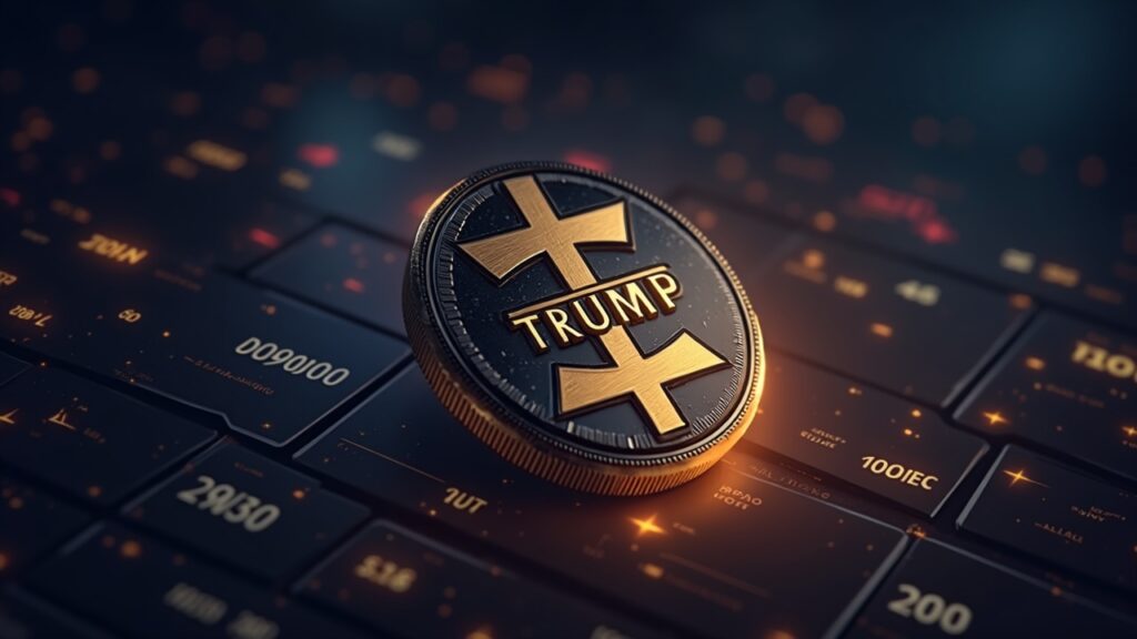 Photorealistic TRUMP token with countdown and dynamic order book signaling the 50M unlock and market volatility.