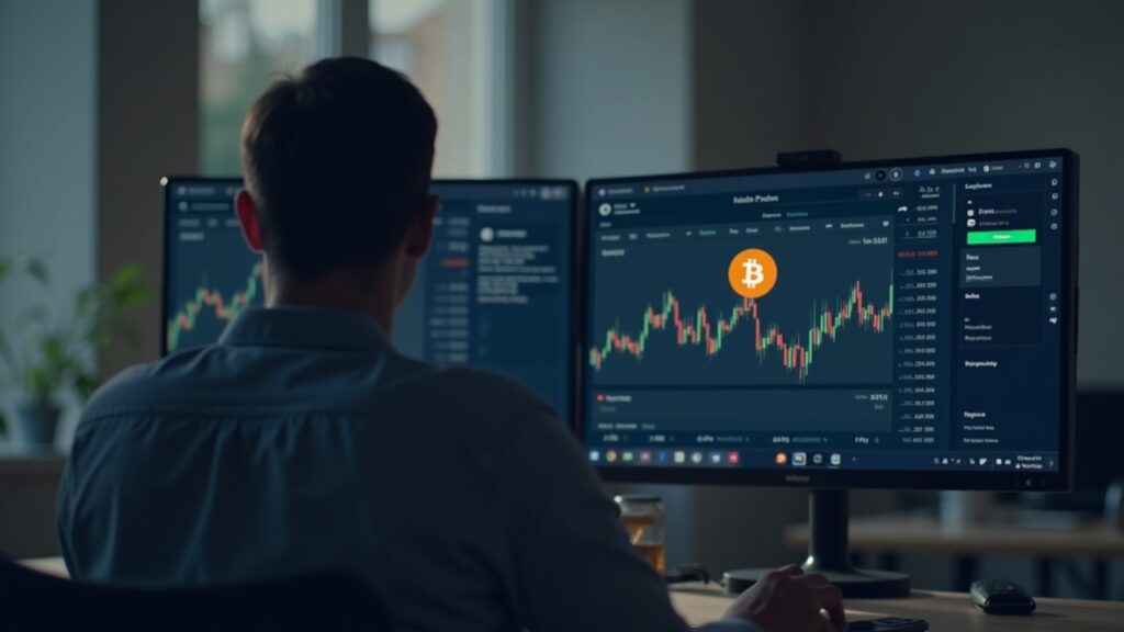 Portfolio manager reviews Bitcoin risk metrics on dual screens, branded for Two Prime and Digital Wealth Partners.
