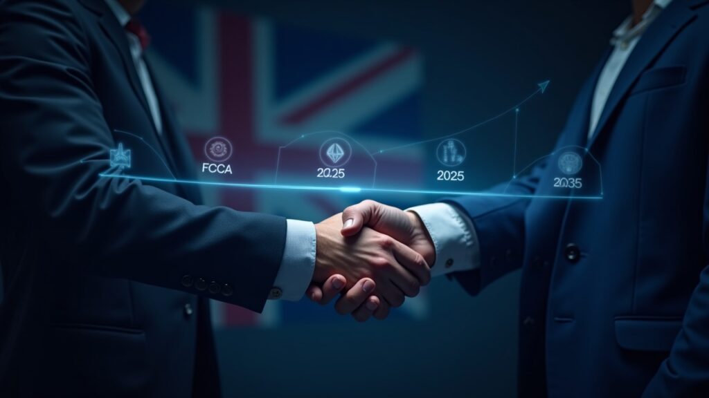 The next steps for the FCA and the UK in the crypto market Header: fintech founder and FCA officer shake hands over a holographic 2025–2027 timeline, UK flag and crypto icons.
