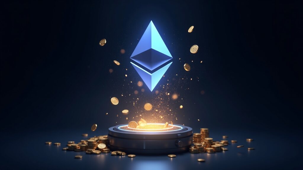 Holographic Ethereum logo forms a shield over a vault, coins flow to show unclaimed DAO Ether funding security endowment.