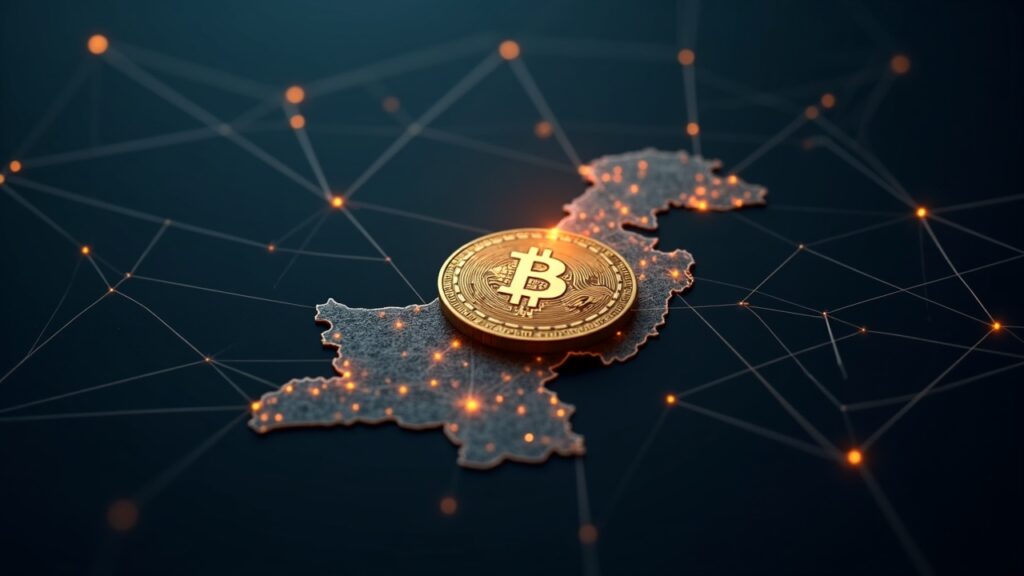 Photorealistic USD1 token orbiting a Pakistan map with blockchain links illustrating cross-border remittances and regulation