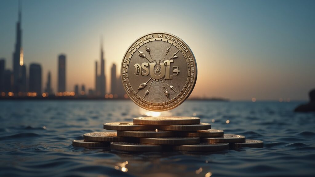 Photorealistic USDU ERC-20 token hovering over UAE onshore bank vaults, Abu Dhabi skyline, symbolizing regulated settlement.