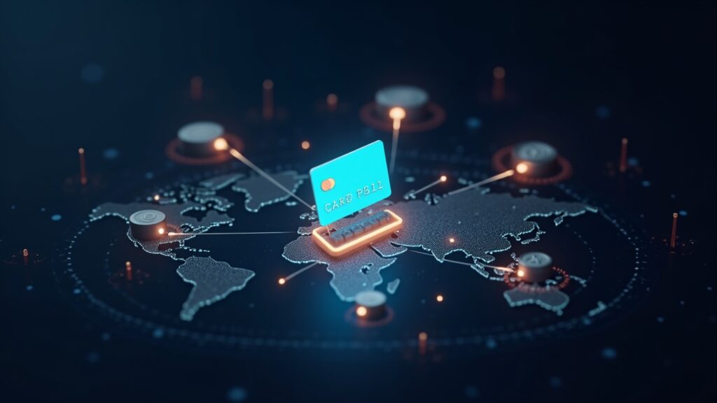 Photorealistic newsroom scene showing a central card rail icon with glowing stablecoins flowing across a global digital network.