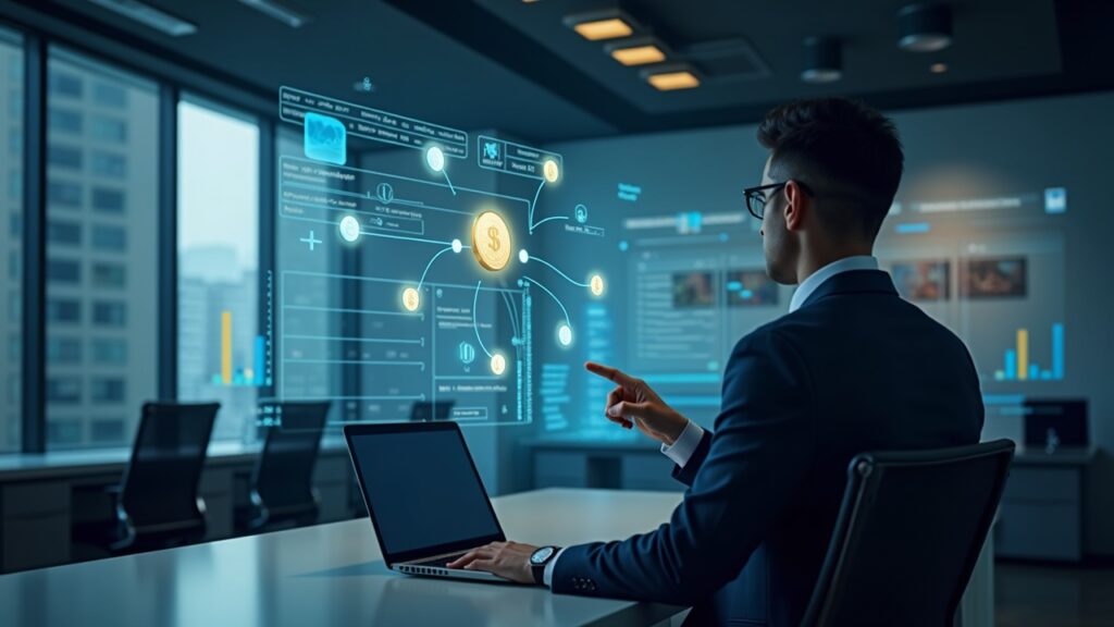 Fintech executive in a modern office with holographic charts illustrating USD-backed stablecoins routing through a Visa-like payout network