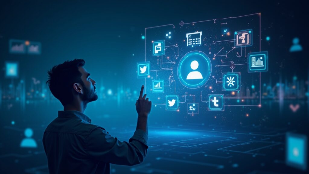 Photorealistic header of a tech visionary shifting from a crypto screen to floating Farcaster and Lens icons.