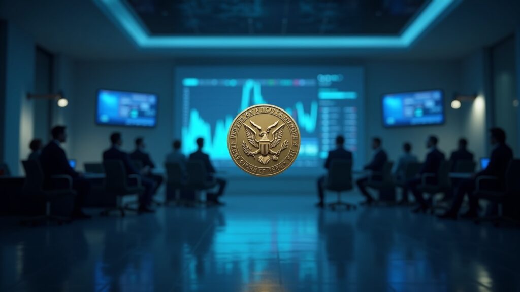 Wall Street executives and SEC task force in a sleek conference room with floating DeFi tokens and digital market charts