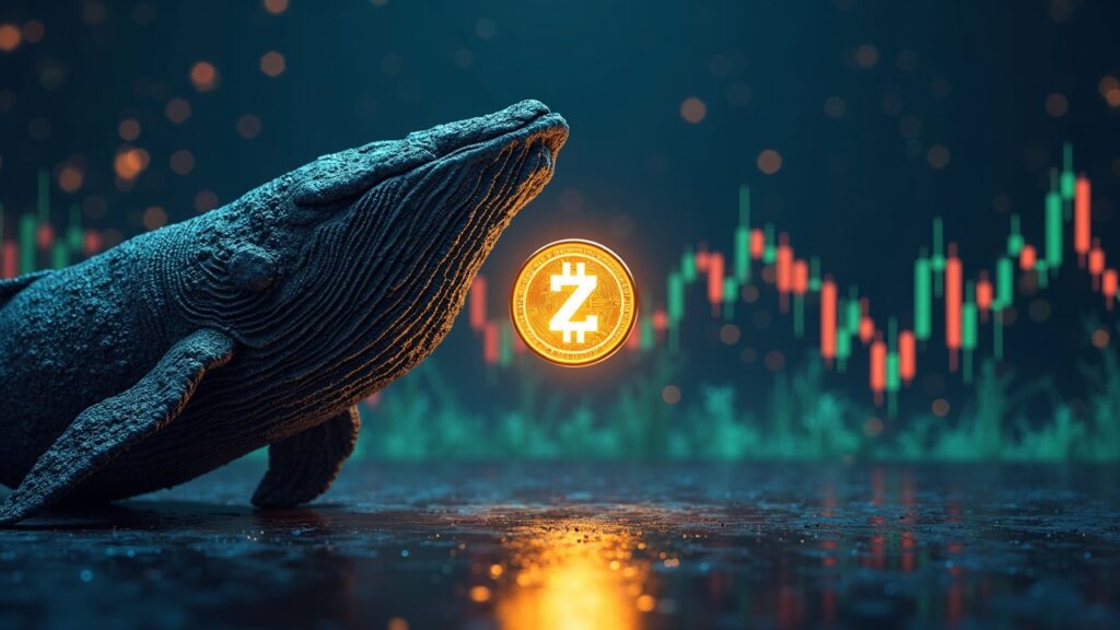 Photoreal whale silhouette made of code faces a glowing Zcash coin over a bearish chart showing a $301 head-and-shoulders pattern.