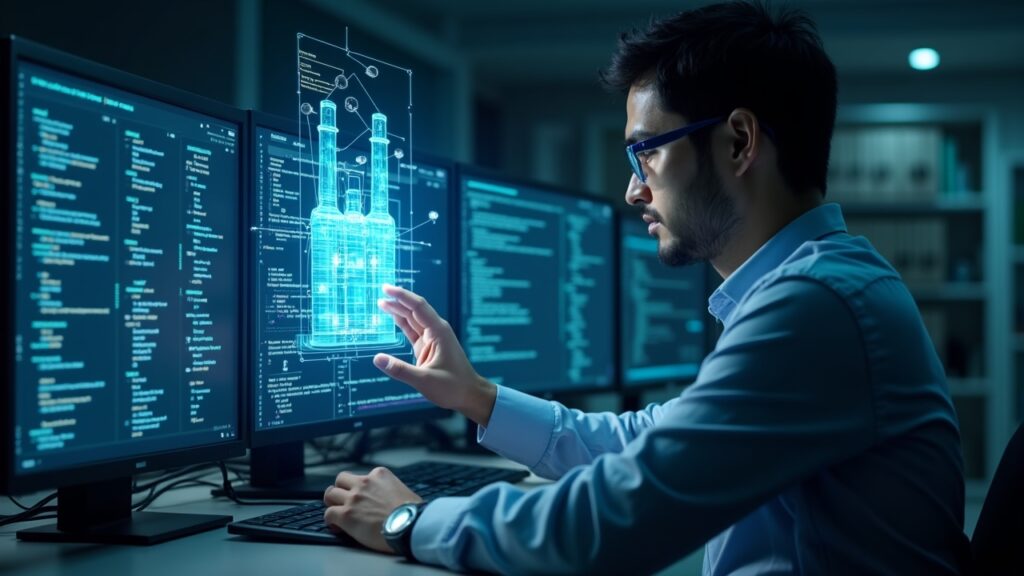 Ultra-realistic newsroom: researcher examines a glowing transformer-ranking hologram, with Rust and Python code on screens.