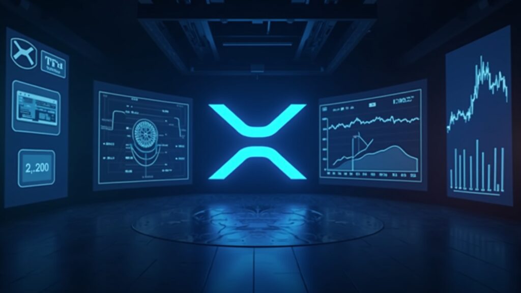 Photorealistic newsroom with XRP logo center, wallet icons, and rising ETF inflow charts signaling institutional demand.
