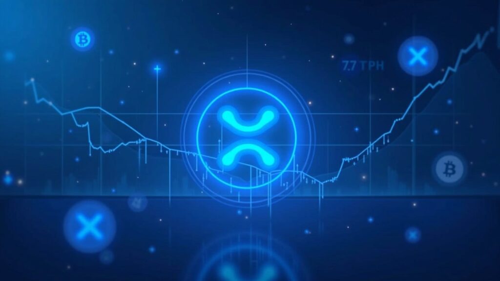 Realistic crypto trading floor with XRP logo on a glowing price board showing a 7% drop and Bitcoin/Ethereum silhouettes.