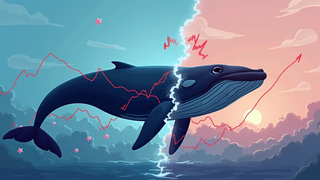 Split-screen XRP price chart with a whale silhouette and arrows showing ETF inflows vs selling pressure in a weak market