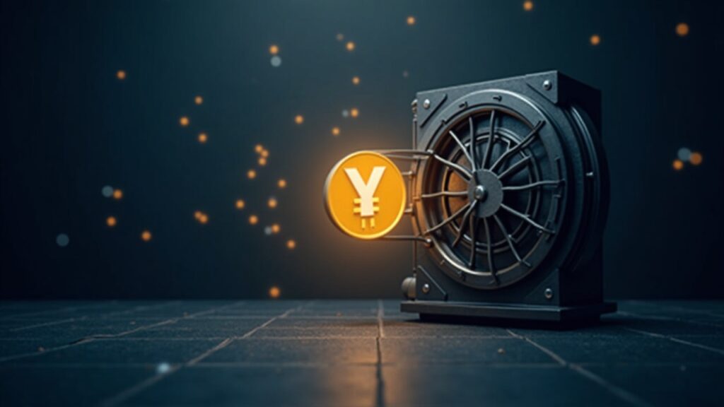 Photorealistic image of a yield-bearing stablecoin icon with rising arrows facing a bank vault, against a blockchain grid.