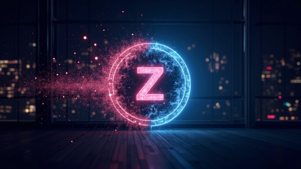 Photorealistic header: Zcash logo dissolving into a startup logo as developers exit governance board toward a neon office.