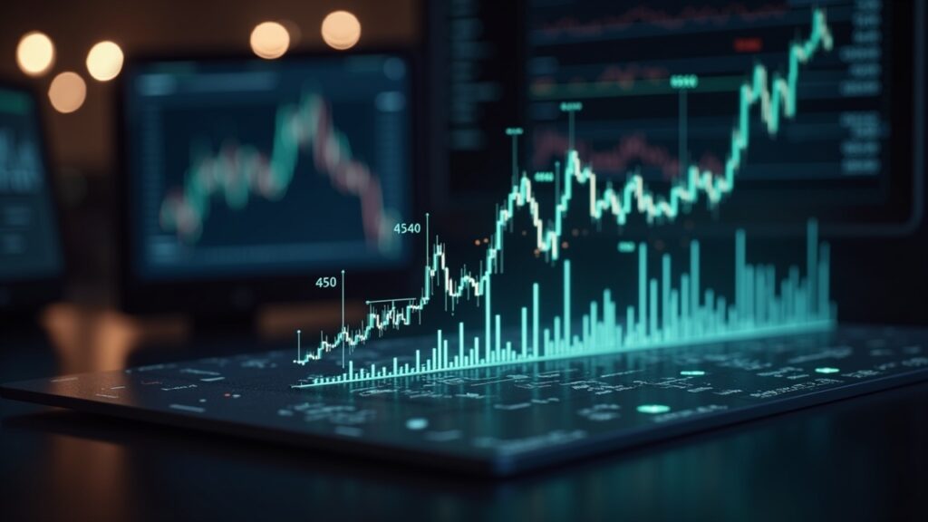 Photorealistic crypto trading desk with a holographic Zcash price chart at a crossroads, showing 400-450 and glowing resistance.