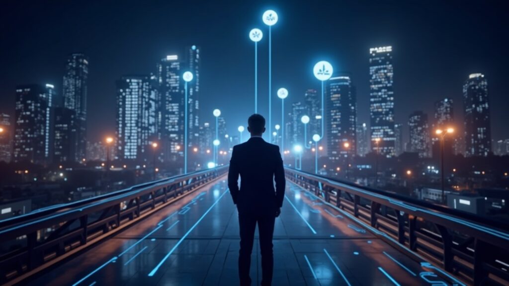 Professional in suit among glowing blockchain rails and API icons linked to a data-center cityscape