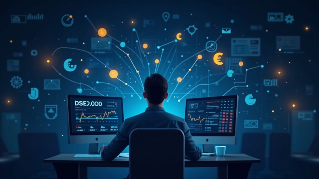 Zoomex expands derivatives and pivots into fiat payments for European users Professional trader at a sleek desk with glowing derivative dashboards and Euro-USDC fiat icons.