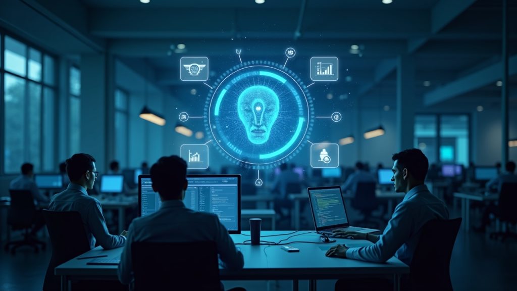 Photorealistic office with a glowing holographic AI hub coordinating tasks across monitors, linked to a blockchain network.