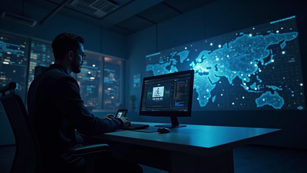 Crypto trader at a sleek desk with a monitor showing a deepfake, and a glowing blockchain network hinting at DeFi C2.