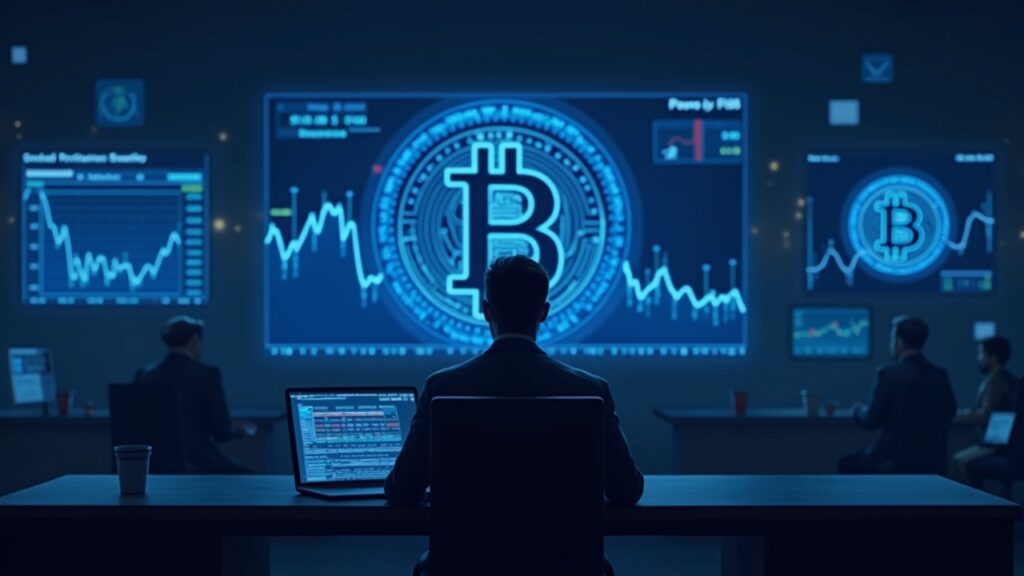 Bitcoin slips to $76,000 as tech sector rout drags down Asian equity markets Photorealistic newsroom scene with a crypto trader, Bitcoin logo on a large screen and a downward market chart.