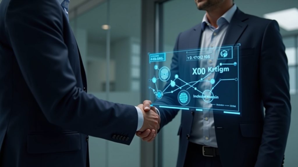 Senior investor shakes hands with a Ripple executive in an office, beside holographic XRP Ledger tokens and fund charts.