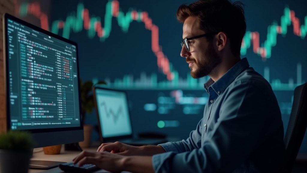 Photorealistic newsroom scene with a focused trader as Bitcoin slides toward 40k, halving motif in the background