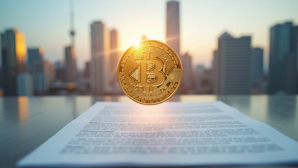 Newmarket Capital tests the use of Bitcoin as collateral in hybrid mortgage loans Mortgage contract with Bitcoin coin above a city skyline, illustrating crypto-backed real estate lending.
