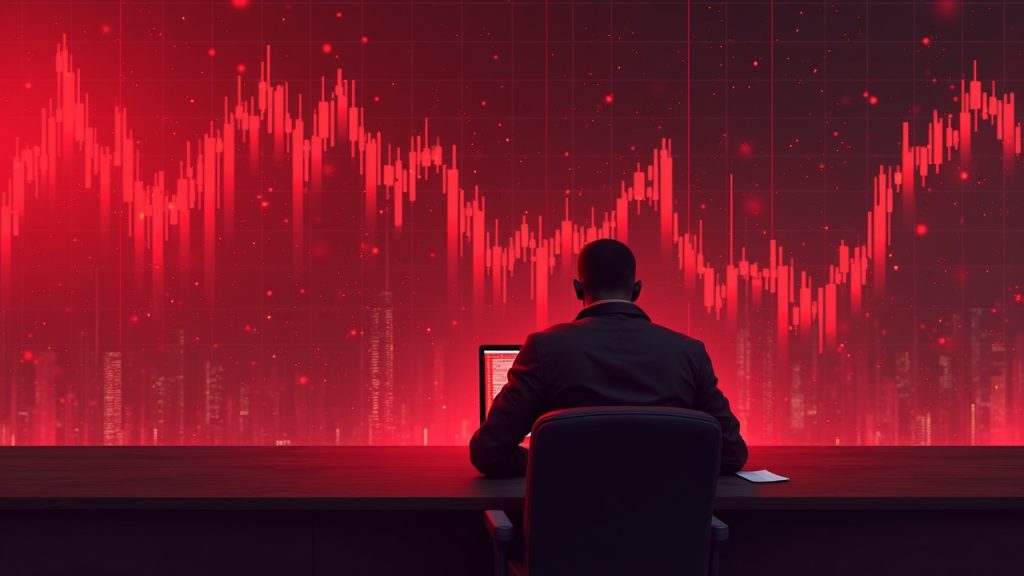 Bitcoin loses 2.3 billion in biggest crash since 2021 as capitulation intensifies Lone trader before red price charts with Bitcoin at center in neon newsroom style, signaling capitulation.