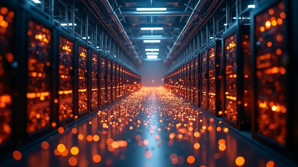Fotorrealistic Bitcoin mining facility with glowing data streams showing large on-chain outflows and subdued public sales.