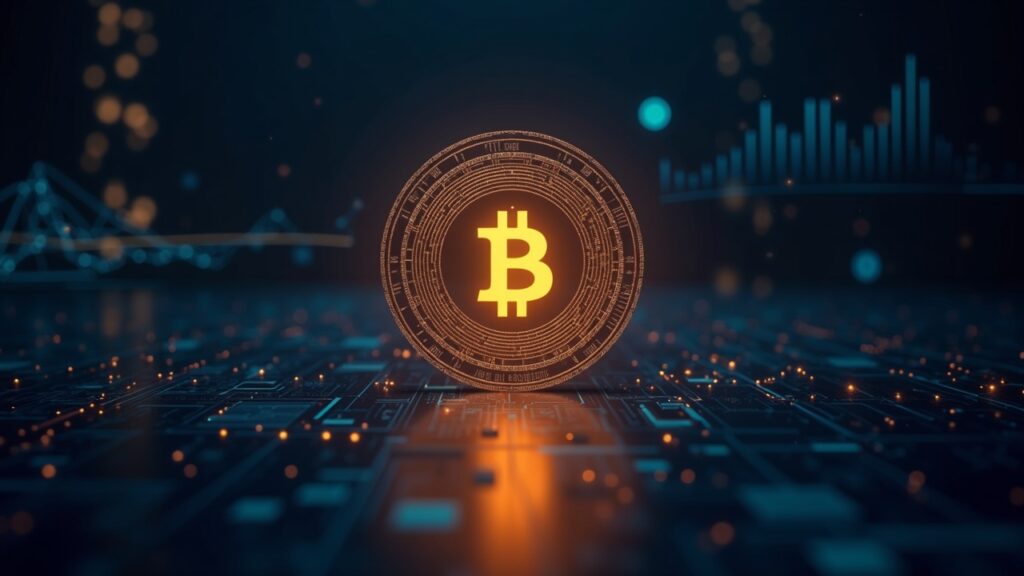 Bitcoin logo at center, shielded by quantum-circuit patterns in a modern newsroom with distant policy icons.