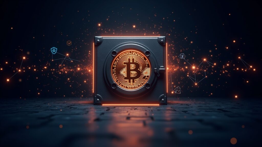 Photorealistic header: a large Bitcoin vault shielded by a glowing quantum barrier with a four-phase roadmap and PQC symbols