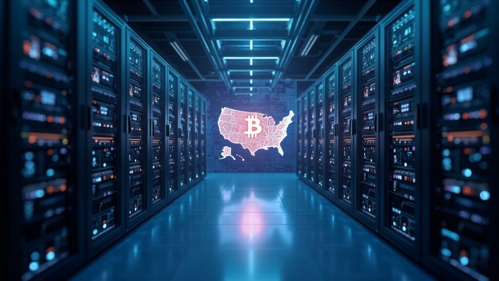 Data center transitioning from Bitcoin mining rigs to AI HPC servers with a US map backdrop and fading Bitcoin symbol.
