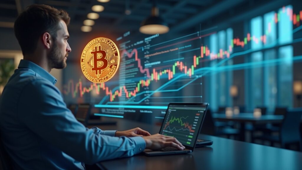VistaShares launches BTYB, a Treasury-focused ETF that combines options income with synthetic Bitcoin exposure Photorealistic trader in a modern office with a holographic Bitcoin icon, Treasury yields, and option charts showing BTYB exposure.