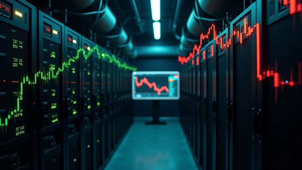 Photorealistic mining farm of ASIC rigs with a monitor showing green revenue and a red loss overlay on a Bitcoin chart.