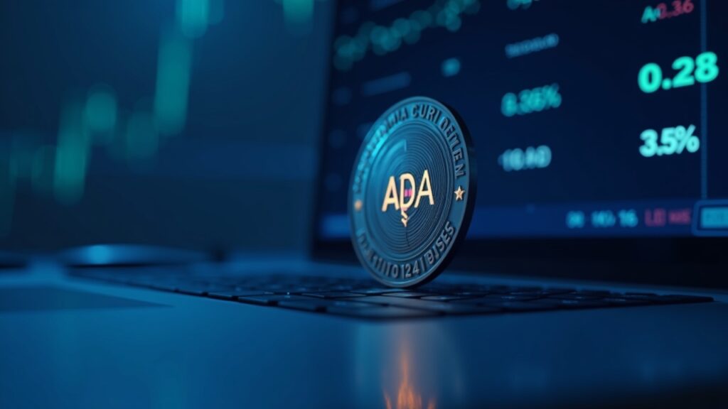 Photoreal Cardano ADA coin on a trading desk with a rising price chart breaking resistance, blue newsroom lighting.