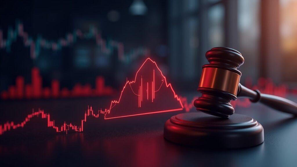 Photorealistic header: Coinbase logo above a red stock chart, Citi logo nearby, regulatory gavel silhouette, newsroom lighting.