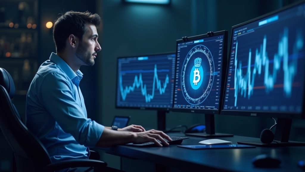 Photorealistic trader at a sleek desk with monitors showing the Coinbase logo, rising stock chart, Bitcoin symbol, and a bold buyback banner.
