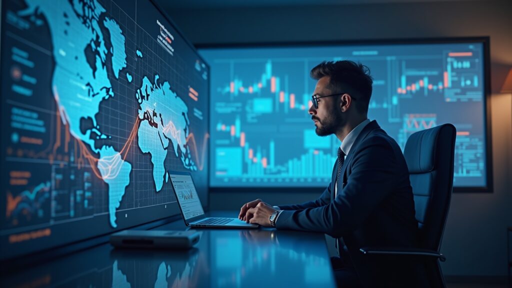 Photorealistic crypto analyst in a newsroom viewing a holographic NFT market-cap chart near $1.61B, with NFT art on the wall.