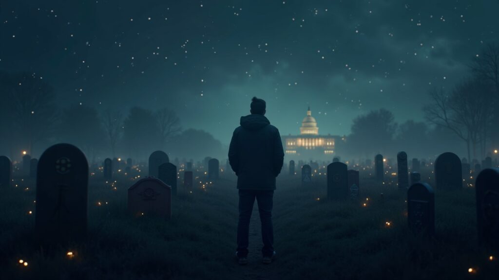 Investor amid a graveyard of crypto token symbols, with a distant SEC building and a glowing decentralized network.