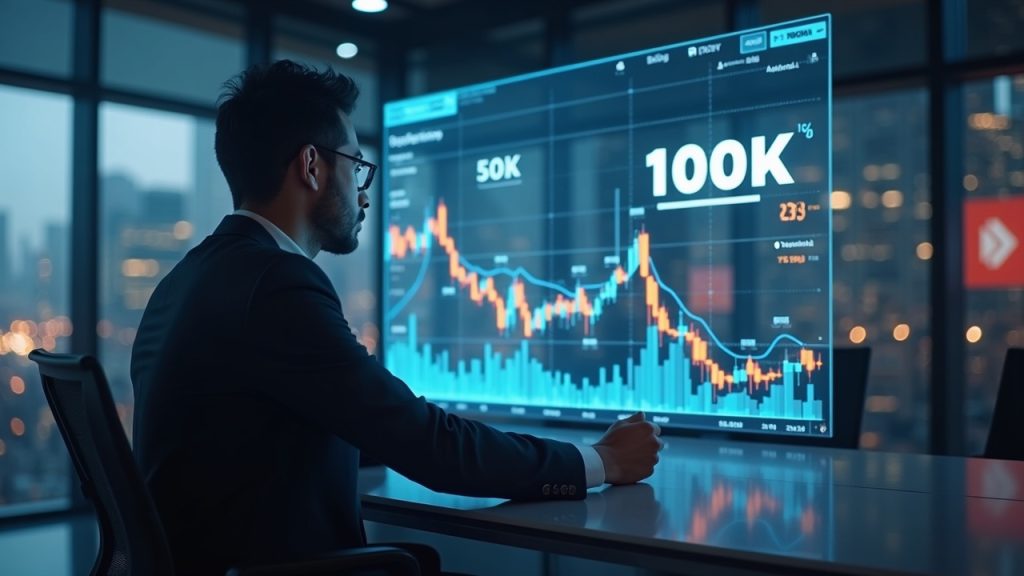 Photorealistic crypto trader analyzes a holographic Bitcoin chart showing 50k to 100k in a high-tech newsroom.