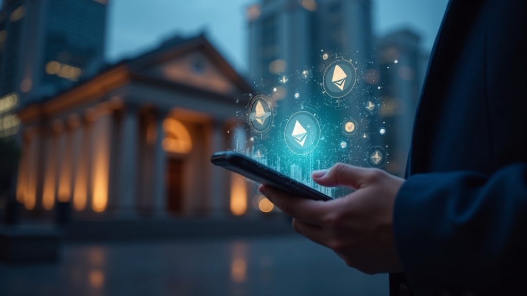 Bank facade at dusk with holographic BTC and ETH logos while a trader uses a mobile trading app for regulated crypto ETPs.
