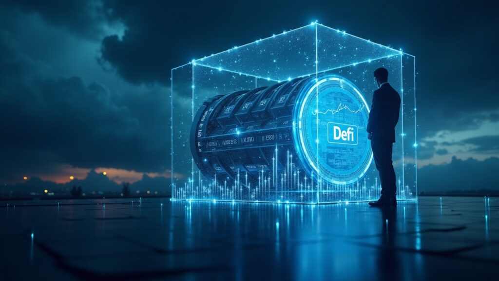 DeFi market resists volatility with solid asset retention and collateralization Photorealistic DeFi vault with glowing liquidity graphs, stormy market backdrop, and a trader silhouette.