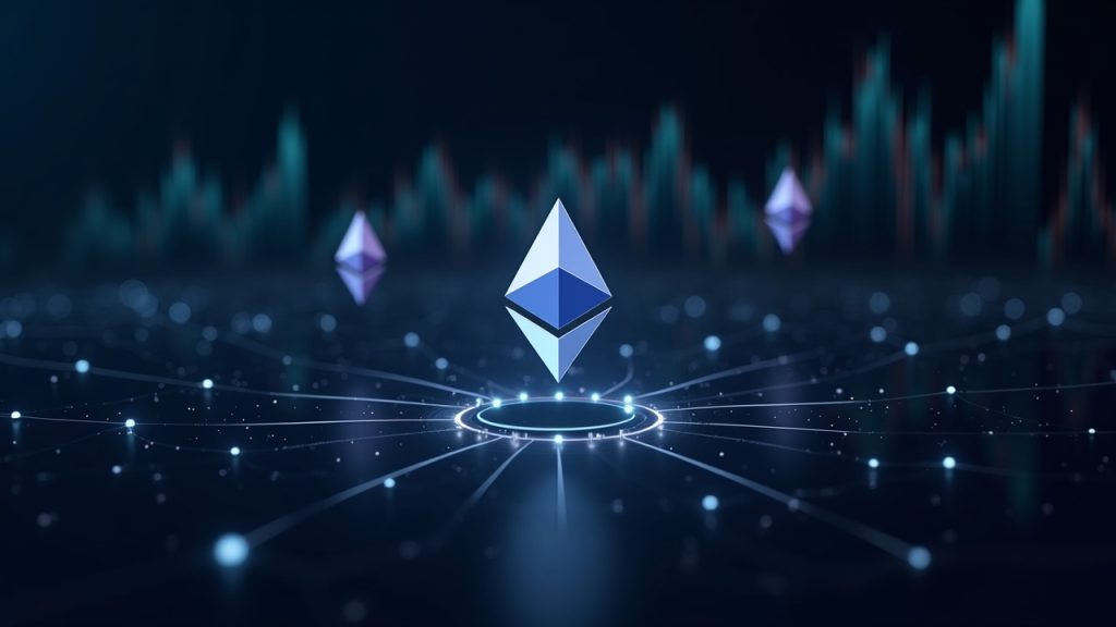 Photorealistic header: centered Ethereum logo, glowing data streams, staking icons, and a treasury chart in the background.