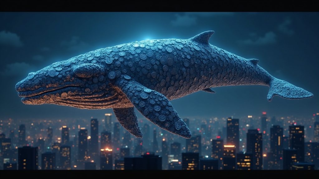 Hyperreal ETH whale made of glowing coins above a digital cityscape, with a subtle chart signaling a 10% bounce.